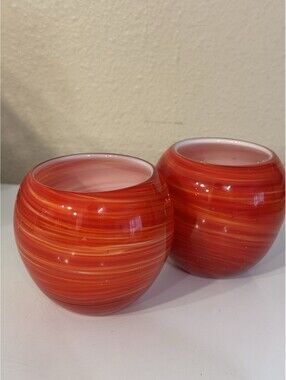 Pair Red Orange White Swirl Art Glass Votive Candle Holders, 4 in Tall